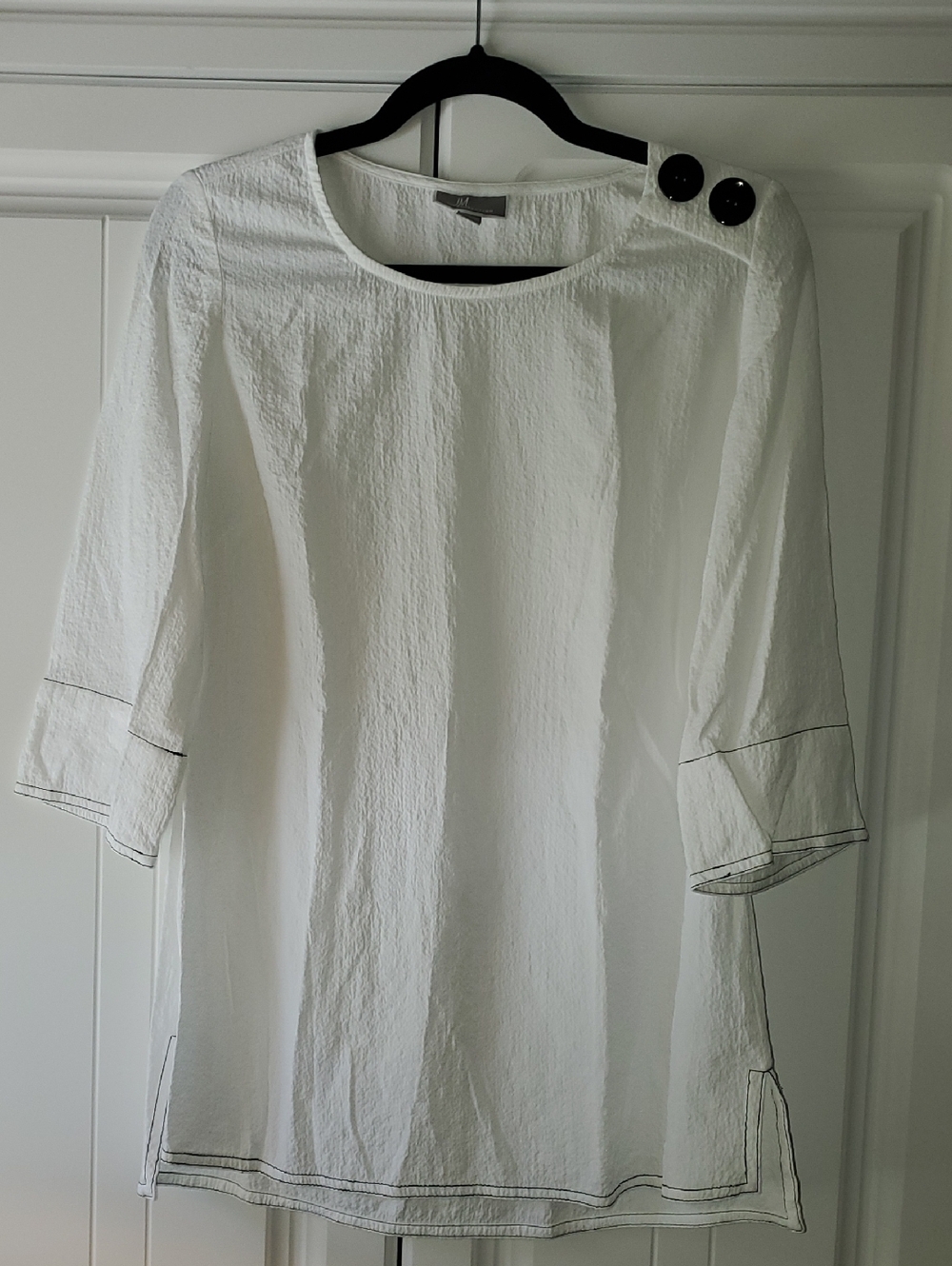 White Textured Tunic with Black Button Accents